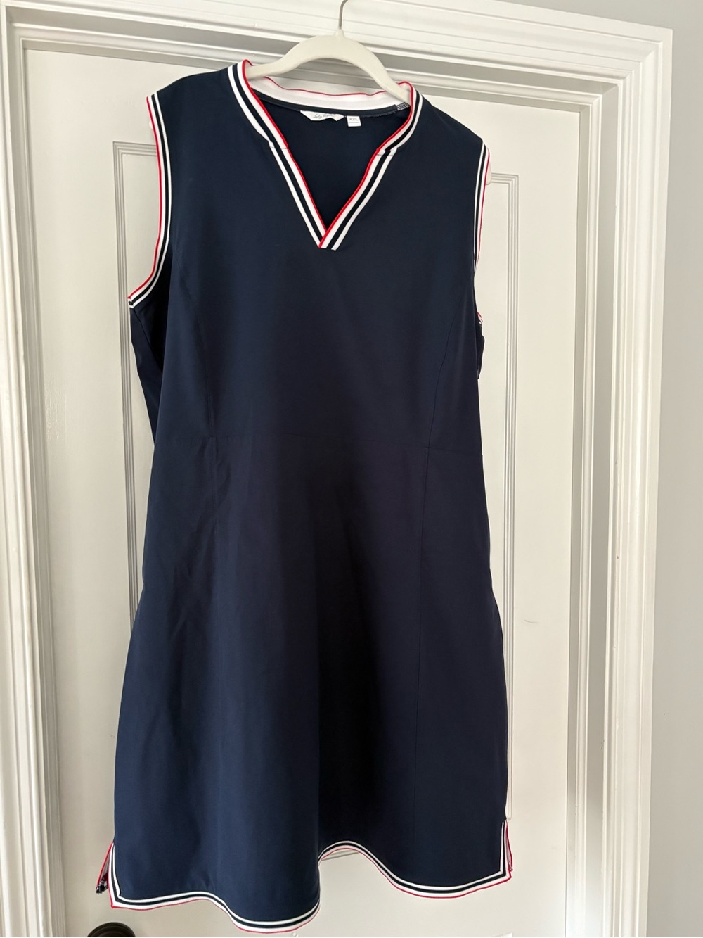 Lady Hagen Navy Blue Sleeveless V-Neck Golf Dress with Red & White Trim